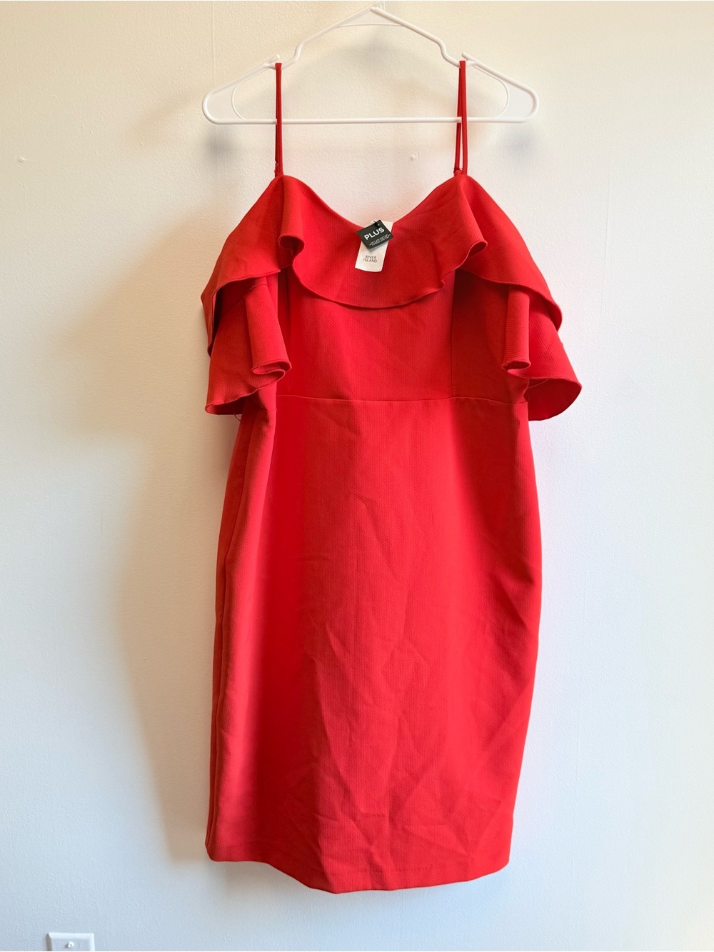 NWT River Island Plus Red Cold Off Shoulder Ruffle Knee Length Sheath Dress 14
